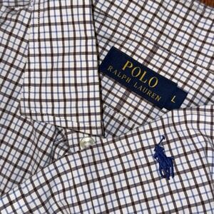 Polo Ralph Lauren Long Sleeve Button Up Shirt Men's L Blue White Brown Plaid